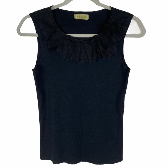 Velvet Ruffle Mesh Bow Neckline Tank Top Women's Junior Medium‎ Black - Picture 6 of 8
